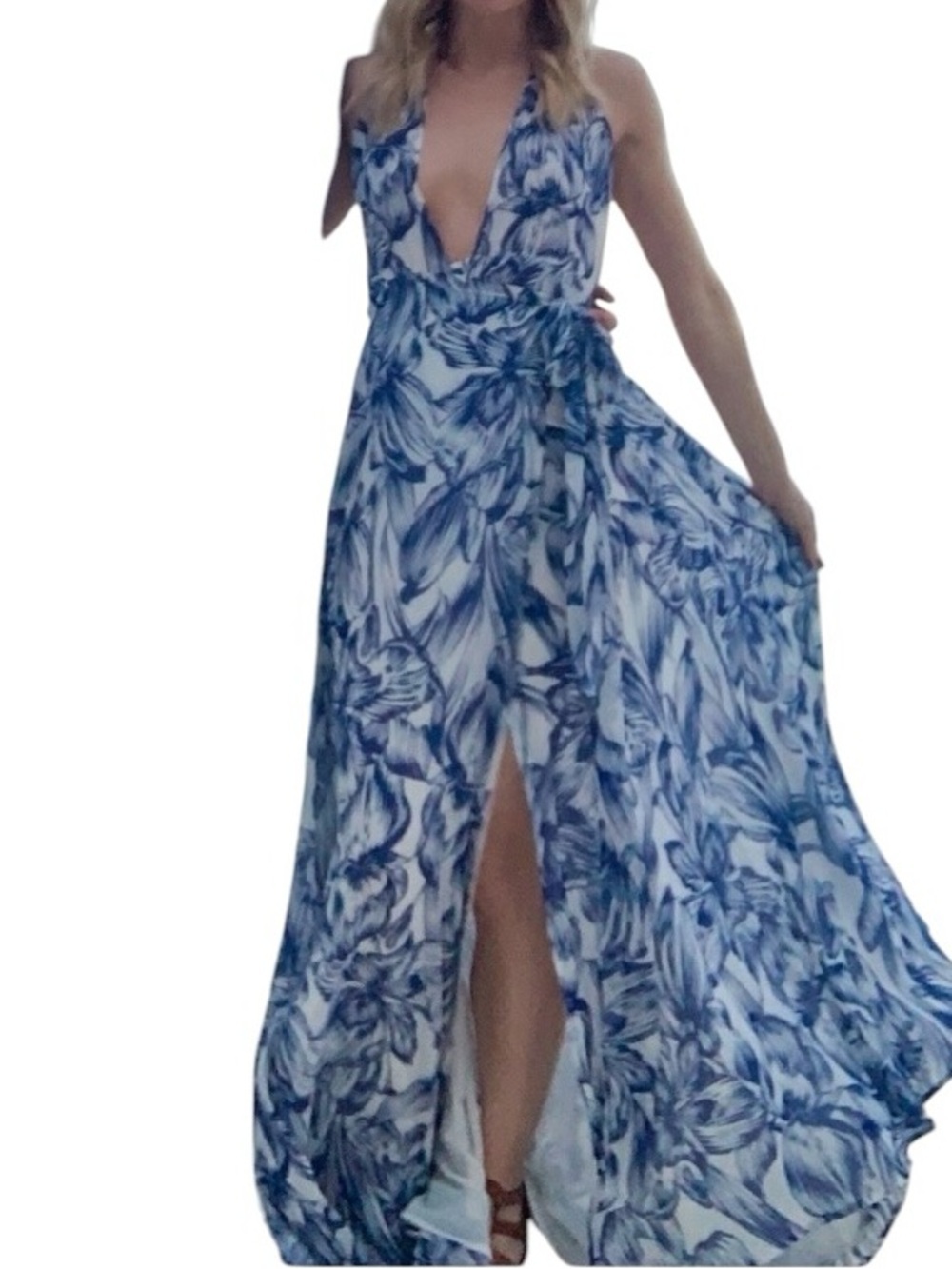 Olivaceous Halter Maxi Wrap backless Floral Spring Wedding Guest Dress Romantic